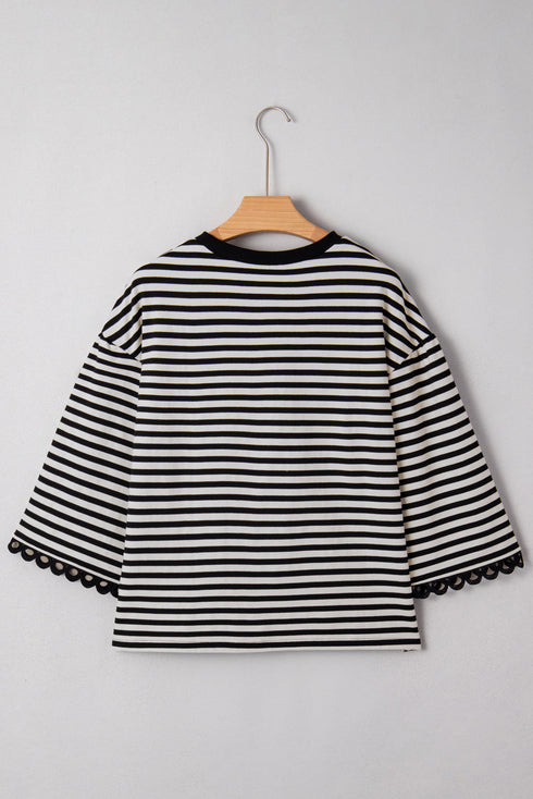 Striped Drop Shoulder Lace Trim Bracelet Sleeve Loose Top